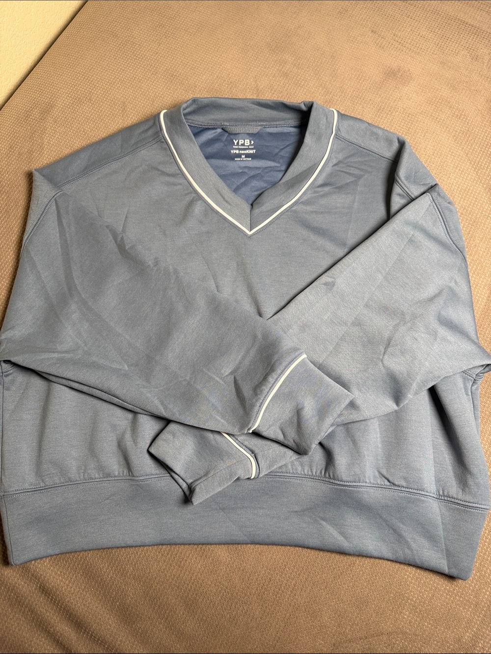 YPB Relaxed V-Neck Sweater in Dusty Blue with Contrast Trim